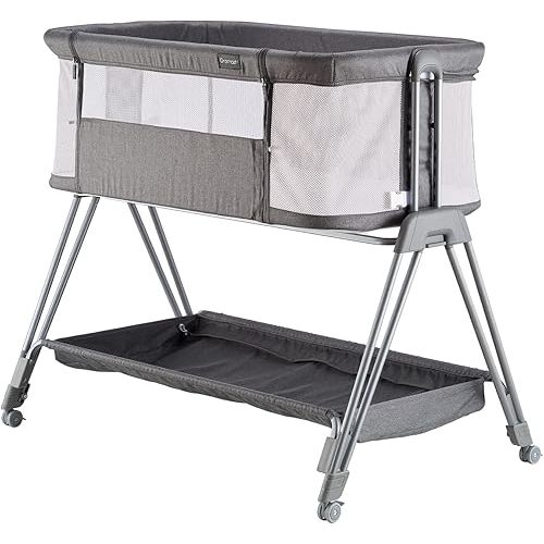 Baby Bassinets,Bedside Sleeper for Baby, Easy Folding Bedside Crib 7 Height Adjustable with All Mesh Baby Bed for Infant Newborn Girl Boy (Light Grey)