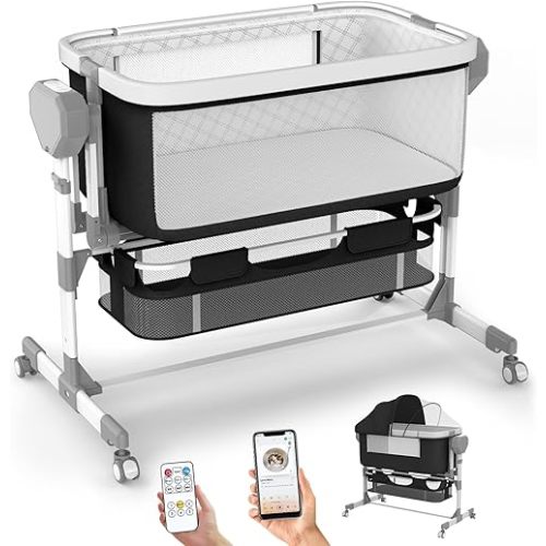 Rocking Bassinet for Baby, Electric Baby Bassinet Automatic 5 Rocking Motion Bassinet Bedside Sleeper for Newborn, Auto Rolling Baby Cradle 6 Height Adjustable with 4 Lullabies
