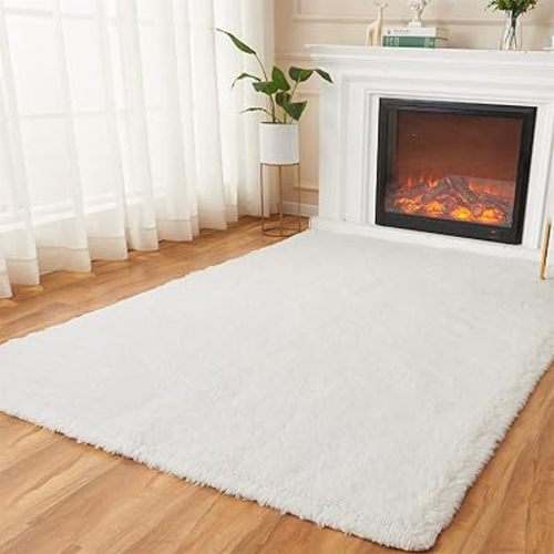 AMTOVO Shag Area Rugs for Living Room, 8X10 White Large Fluffy Clearance Rug Throw Bedroom Carpet, Indoor Modern Fuzzy Nursery Shag Rugs for Kids and Playroom