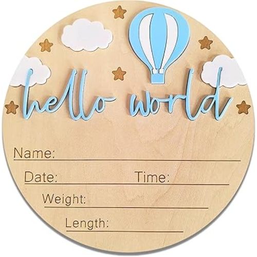 Hello World Newborn Sign - 5.9” Round Wooden Baby Announcement Sign with 3D Hot Air Balloon, Clouds & Stars - Keepsake Birth Gift for Baby Boy’s First Day, Hospital, Shower, or Nursery Décor (Blue)