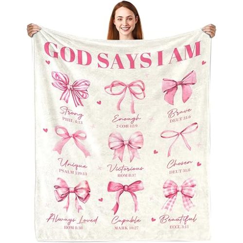 Christian Gifts for Women, God Says I Am Throw Blanket 50"X60", Inspirational Religious Birthday Gifts for Coquette Pink Bow Bible Verse Blanket, Christian Faith Jesus God Prayer Gift for Christmas