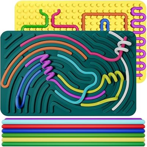 Inklab 2PCS Sensory Activity Board, Silicone Fidget Toy, Silicone Fidget Toy for Calming, Stress, Anxiety, ADHD and Autism, Sensory Toys for Kids 5-7, Ages 3+, Dark Green and Yellow
