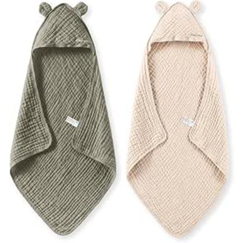Momcozy Baby Towels, 6-Layer 100% Cotton Muslin Hooded Baby Towel Set for Newborn, Infant & Toddler, Soft Absorbent Baby Bath Essentials, Large 32 x 32 Inch