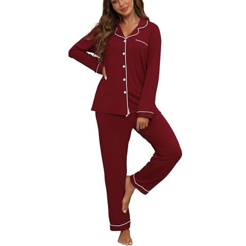 ZMJ Womens Pajamas Sets 2 Piece Long Sleeve and Pant Pj Sets Button Up Sleepwear