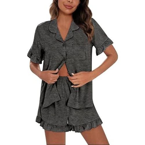 SWOMOG Woman Pajama Set Short Sleeve Pjs Set 2Pcs Short Pajamas Button Down Ruffle Hem Sleepwear Soft Modal Loungewear