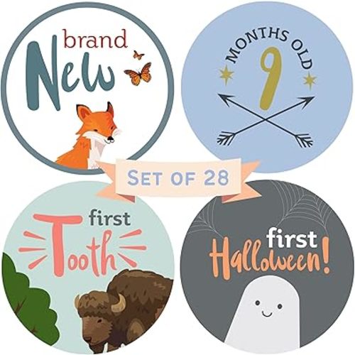 RubyRoo Baby Milestone Stickers - Baby Month Stickers for Baby Boy - 28 Pack - Includes 12 Monthly,1st Year Milestones & First Holidays - Perfect Baby Shower & Newborn Birthday Gift (Woodland)