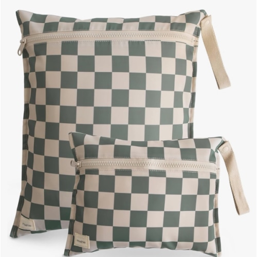 mushie Water Resistant Wet Bags | Large & Small Reusable Storage Bag for Baby Items and Travel | Zippered Pockets with Handle | Machine Washable, Set of 2 (Olive Check)