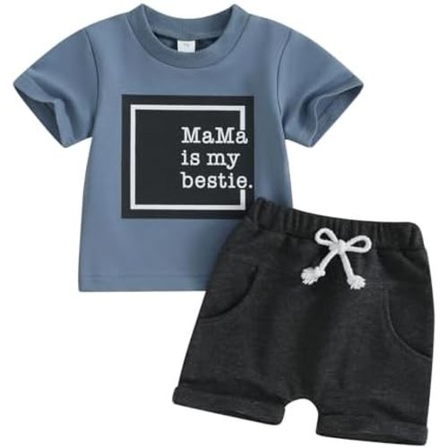 Toddler Boys Summer Outfits Mamas Boy Checkerboard Short Sleeve T-Shirts Tops and Elastic Waist Shorts Clothes Sets