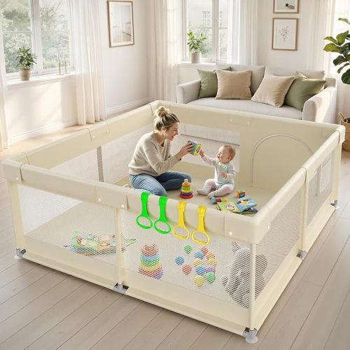 ZEEBABA Beige Baby Playpen 59x59 in, Playpen for Babies and Toddlers, Play Pen for Kids, Play Yard for Infants with Gate (Without mat)