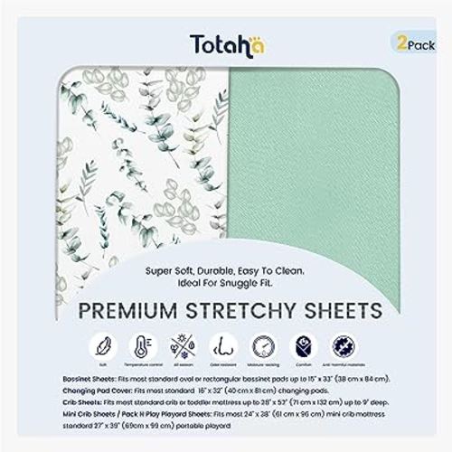 TotAha Botanical Pack and Play Sheets Fitted, Compatible with Graco Pack N Play Playard Crib, Babyletto, Dream on Me, Baby Trend, and Other Playpen Mattress, Premium Soft Mini Crib Sheets, 2 Pack