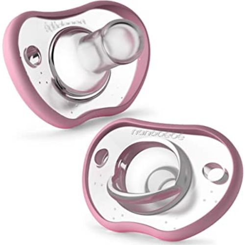 Nanobebe Baby Pacifiers 0-3 Month - Orthodontic, Curves Comfortably with Face Contour, Award Winning for Breastfeeding Babies, 100% Silicone - BPA Free. Perfect Baby Registry Gift 2pk,Pink
