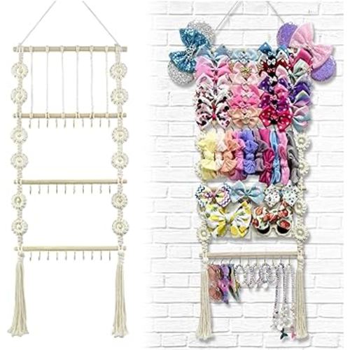 4our Kiddies Bow Holder for Girls Hair Bows, Baby Headband Bow Organizer with Large Capacity, Boho Hair Clip Holder Wall Hanging Decor for Nursery, Ideal Gift for Girls Newborn, Baby shower