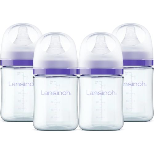 Lansinoh Anti-Colic Glass Baby Bottles, 5 Ounces, 4 Count Bottles for Feeding, Baby Essentials, Includes 4 Slow Flow Nipples, Size S
