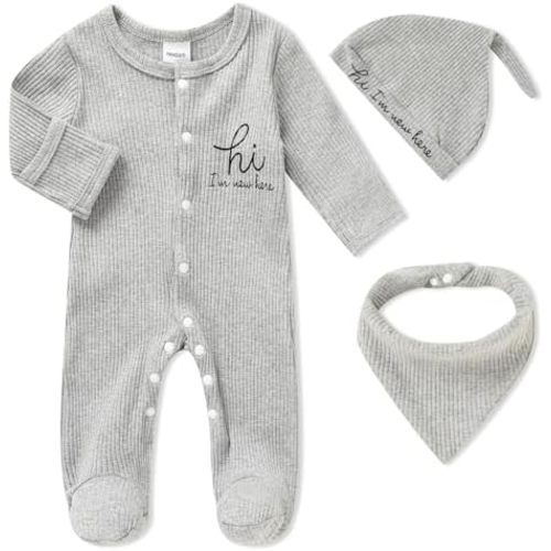Newborn Infant Baby Boy Coming Homing Clothes Letter Print Button Knit Footed Romper Jumpsuit Hat Bibs 3pcs Outfit