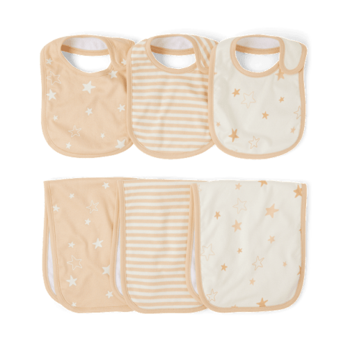 Baby Star Bib And Burp Cloth 6-Piece Set - Tan