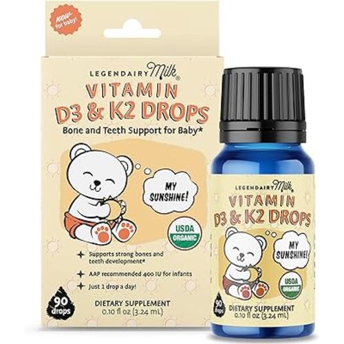 Legendairy Milk Organic Baby Vitamin D3 K2 Liquid Drops, 400 IU of Baby Vitamin D Drops for Infants with K2 Drops, Vitamin D Drops for Newborns, Toddlers, and Kids, Vegan, 90 Drops Liquid