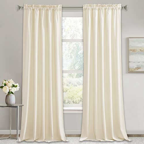 RYB Home Ivory Velvet Curtains - Super Soft Bedroom Window Curtains & Drapes Room Darkening Energy Efficiency Boho Curtains for Living Room Home Office, W 52 x L 84, 2 Panels