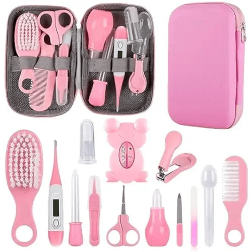 Baby Grooming Kit, Infant Safety Care Set with Hair Brush Comb Nail Clipper Nasal Aspirator,Baby Essentials Kit for Newborn Girls Boys (Pink Baby Grooming kit)