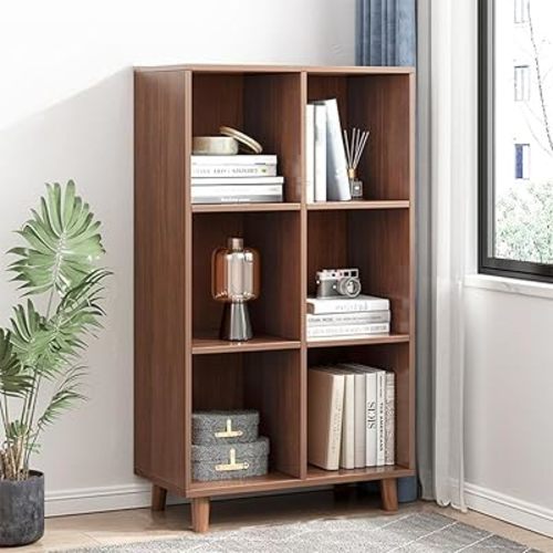 IOTXY 3-Tier Open Cube Freestanding Low Bookcase 6-Cubes Walnut