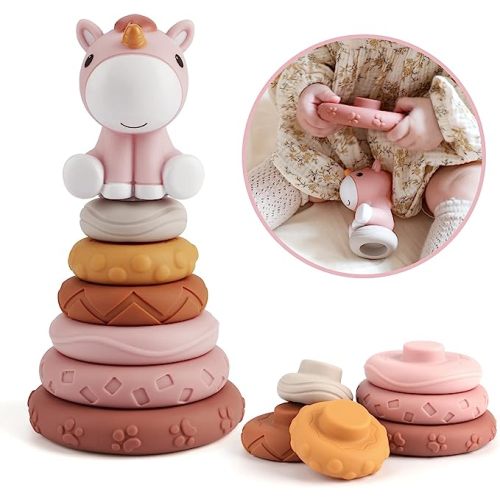 Nueplay 7 Pcs Stacking & Nesting Baby Toys, Squeeze Teething Baby Toys and Building Circle with Pink Horse Figure, Newborn Essentials for 6 12 18 Months Baby Toddler Girls - Classic Edition