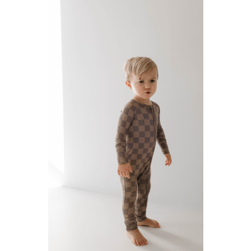 Bamboo Zip Pajamas | Faded Brown Checkerboard