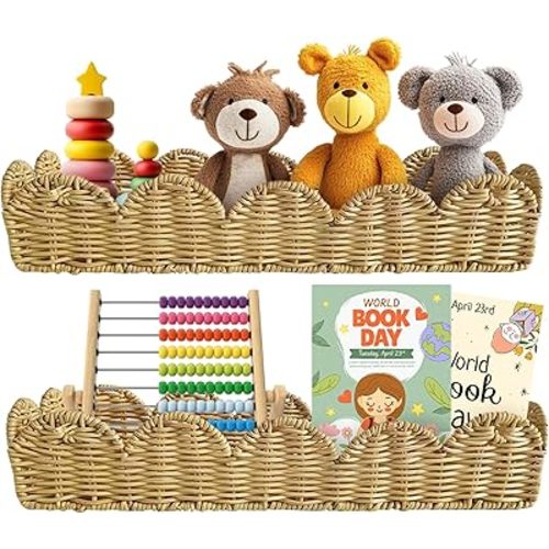 Nursery Book Shelves, Scalloped Wall Decor, Rattan Shelf, Floating Wicker Bookshelf Boho Decor for Baby Kids Playroom, Natural Rustic Farmhouse Bookshelves Basket Organizer