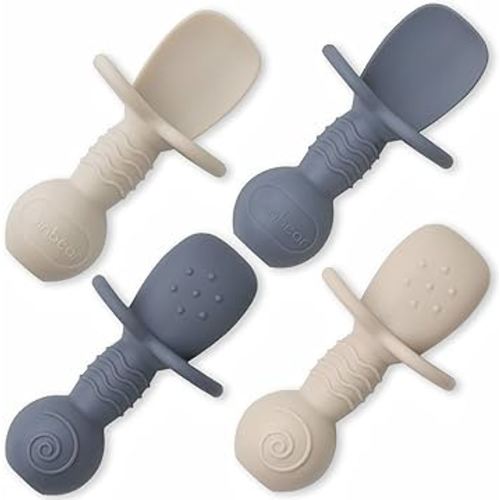 Ginbear Platinum Silicone Baby Spoons Self Feeding 6 Months First Stage, Non Toxic Infants Led Weaning Utensils for Training, Soft BLW Supplies Pack of 4 (Cool Gray/Ivory)
