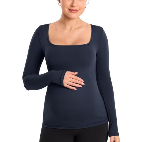MOMANDA Long Sleeve Maternity Tops Square Neck Pregnancy Basic Shirts Soft Casual Tee