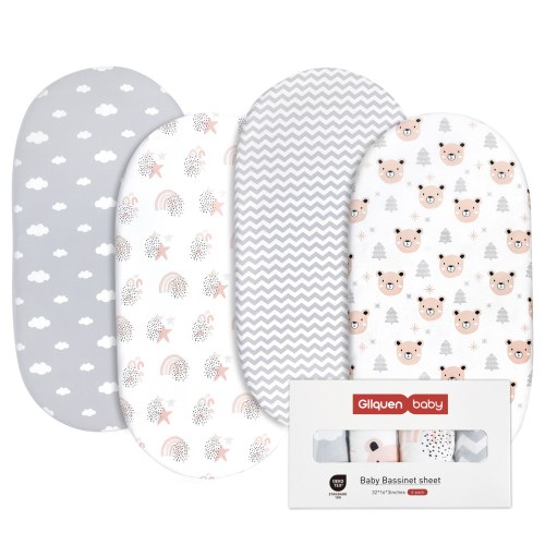Gllquen Baby Premium Bassinet Sheets Set 4 Pack For Newborn Baby Boys Girls, Cloud & Bears