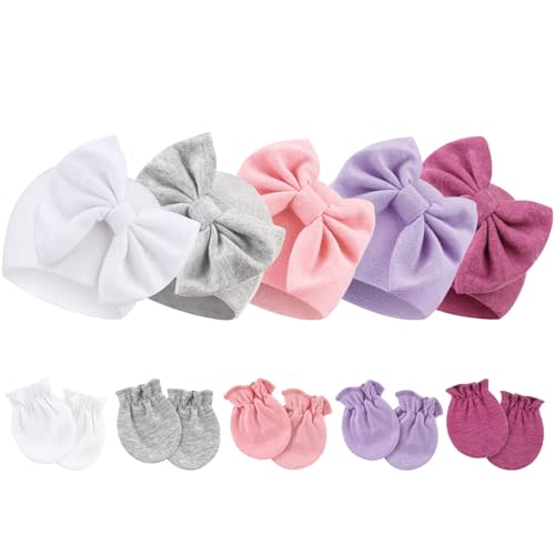 BQUBO Newborn Baby Girls Hats Mittens Set Hospital Hat Beanie Infant Bow Hats Baby Cotton Gloves for 0-6 Months