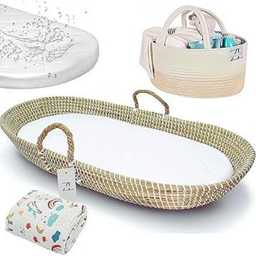 ZEAL'N LIFE Seagrass Baby Changing Basket, Diaper Basket, Baby Towel & Baby Changing Pad and Waterpoof Cover, Premium Handmade Seagrass, Moses Baskets for Newborn (Light Brown)