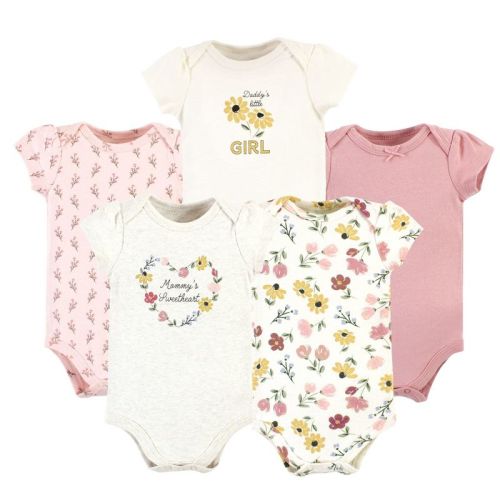 Hudson Baby Infant Girl Cotton Bodysuits, Soft Painted Floral 5-pack, 0-3 Months