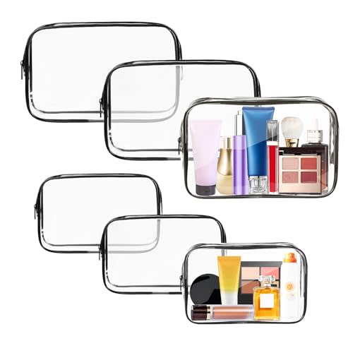AURUZA 6 Pack Clear Toiletry Bag,Portable Travel Makeup Bags with Zipper, TSA Approved Clear Organizer Bags, PVC Cosmetic Pouch for Airport Airline Compliant (6 Packs Black)
