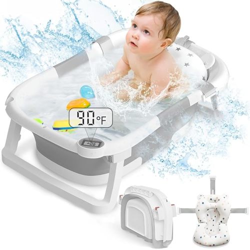 Collapsible Baby Bathtub,Baby Bath Tub with Soft Cushion & Thermometer,Baby Bathtub Newborn to Toddler 0-36 Months,Portable Travel Baby Tub,Gray