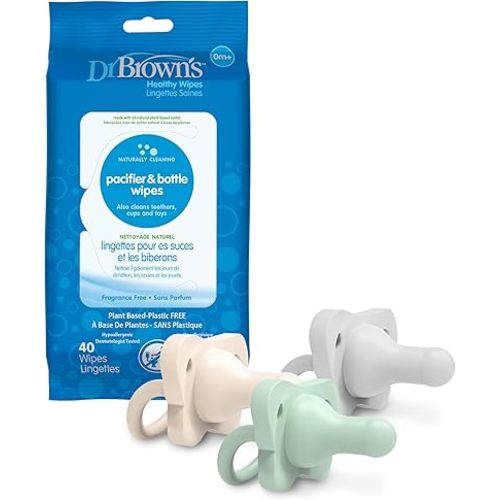Dr. Brown's HappyPaci 100% Silicone Pacifier 0-6m, BPA Free, Cool Gray, Green, Ecru, 3 Pack and Pacifier and Bottle Wipes, 40 Count