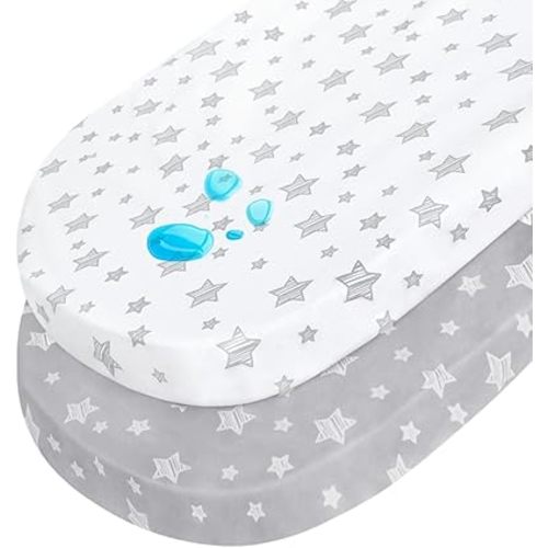 Bassinet Sheet Waterproof 2 Pack, Fit for Halo Bassinet Swivel Sleeper, Universal Sheet for Rectangle, Oval, Hourglass Bassinet Mattress, Flexible for Different Cradle and Bassinet Mattress