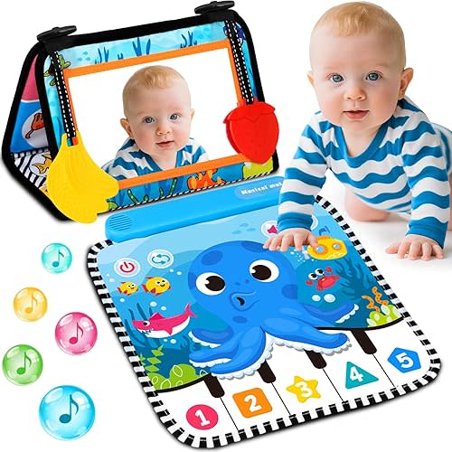 Tummy Time Mat Mirror Toys - Musical Activity Playmat Baby Toys for Newborn - Black and White High Contrast Montessori Sensory Crinkle Toy for Infant 0-3-6-12 Months Babies Boys Girls Shower Gifts