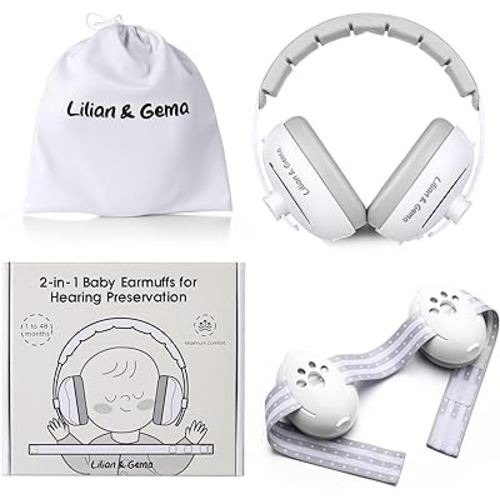 Lilian&Gema 2-in-1 Baby Ear Muffs Noise Protection, Adjustable Baby Headphones with Stretchy Band, Noise Cancelling Headphones for Baby & Toddler up to 4 Years, Baby Airplane Essentials/Outdoor, White