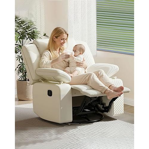 AILEEKISS Rocking Chair Nursery Swivel Recliner Glider Chair with Adjustable Armrests,Headrest Rocker Nursing Chair for Breastfeeding Comfy Upholstered Living Room Reclining Chairs(Beige)