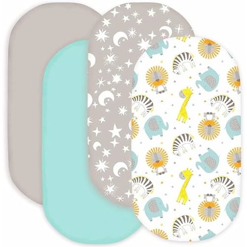 bimocosy Bassinet Sheet, 4 Pack Bassinet Sheets for Baby Boys Girls, Soft Baby Bassinet Fitted Sheets Neutral for Standard Bassinet Mattress, Size 32 x 16 x 4 Inches, Stars/Woodland Animals/Grey/Green