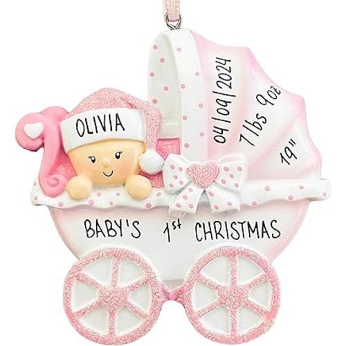 Personalized Baby's First Christmas Ornament 2024 | Baby Girl Carriage Xmas Tree Decoration Pink Stroller | My 1st Xmas Keepsake for New Baby Newborn Grandbaby - Custom Name & Year