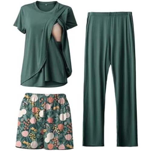 Rnxrbb 3 Piece Postpartum Nursing Pajamas Set Maternity Breastfeeding Pjs