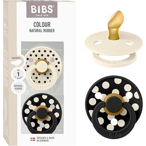 BIBS Polka Dots Pacifier 2-Pack, BPA Free Pacifiers with a Anatomical Latex Nipple, Made in Scandinavia, Size 1 (0-6 Months), Ivory/Black