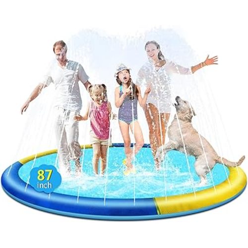 87" Non-Slip Splash Pad for Kids and Dog, Thicken Sprinkler Pool Summer Outdoor Water Toys, Extra Large Backyard Wading Pool for Children Boys & Girls or Pet Dog (Blue&Yellow)