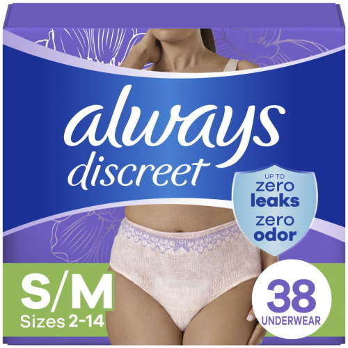 Always Discreet Adult Incontinence Underwear for Women and Postpartum Underwear, S/M, up to 100% Bladder Leak Protection, 38 CT