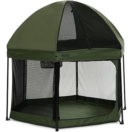 Jeep Hexagon Pop Up Play Yard with Removable Canopy | Ideal for Indoor and Outdoor Use, Olive Green