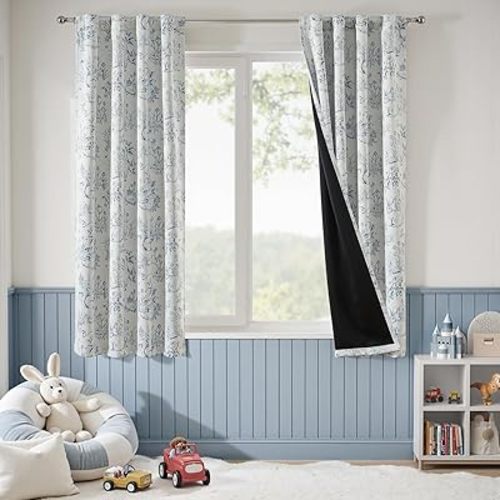 jinchan Blackout Nursery Curtains 63 Inches Long, Bunny Woodland Toile Curtains Blue on Beige Animal Printed Drapes for Bedroom Thermal Insulated Farmhouse Rod Pocket Window Treatment 2 Panels