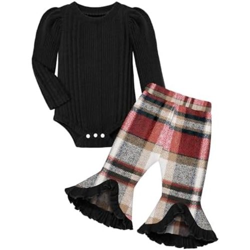 Von kilizo Infant Girl Clothes Baby Girl Winter Clothes Baby Girl Fall Outfits Long Sleeve Rib Romper Plaid Flare Pant Sets