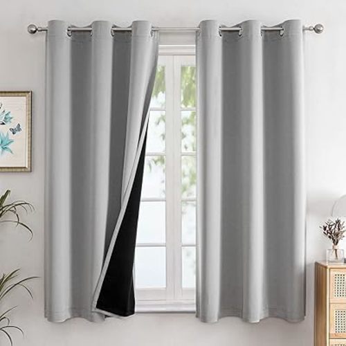 ChrisDowa 100% Blackout Curtains for Bedroom with Black Liner, 2 Thick Layers Total Blackout Thermal Insulated Grommet Window Curtains 63 Inch Length 2 Panels Set (Light Grey, 42 x 63 Inch)