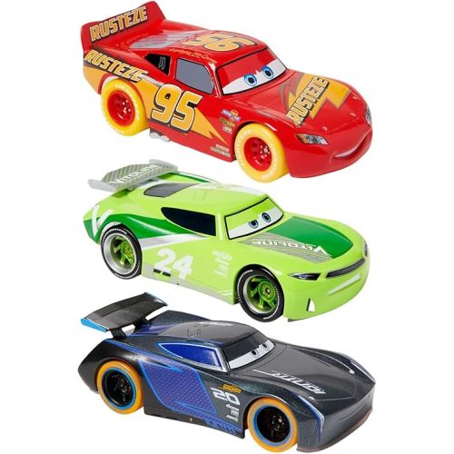 Disney Store Official Cars Light-Up Pullback Die Cast Set - Featuring Lightning McQueen, Jackson Storm, Chase Racelott - Neon Lights Set with Light-Up Pull-N-Race Diecast Cars